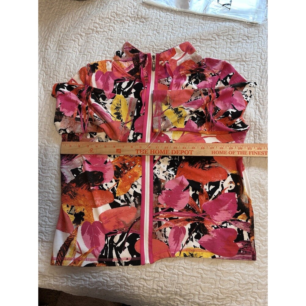 Onque Casuals Leaf Print Zip Up Jacket Large Rhinestone Art to Wear Pink Orange - Picture 6 of 8